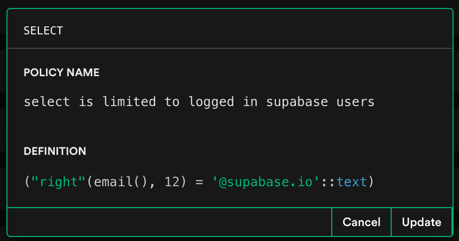 Supabase added an email function for using with Policies